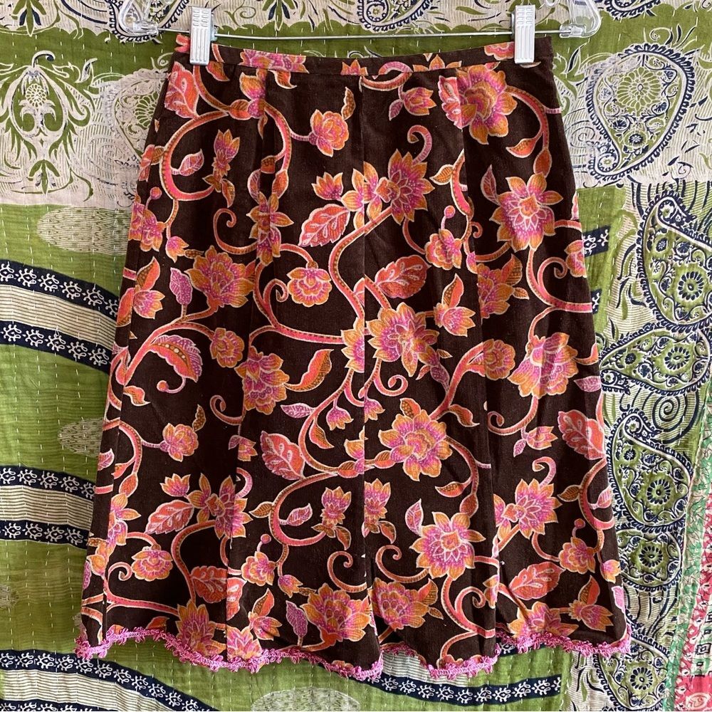 Vintage Y2K Sara Jane Brown Floral Corduroy Boho Hippie Midi Skirt Size 2